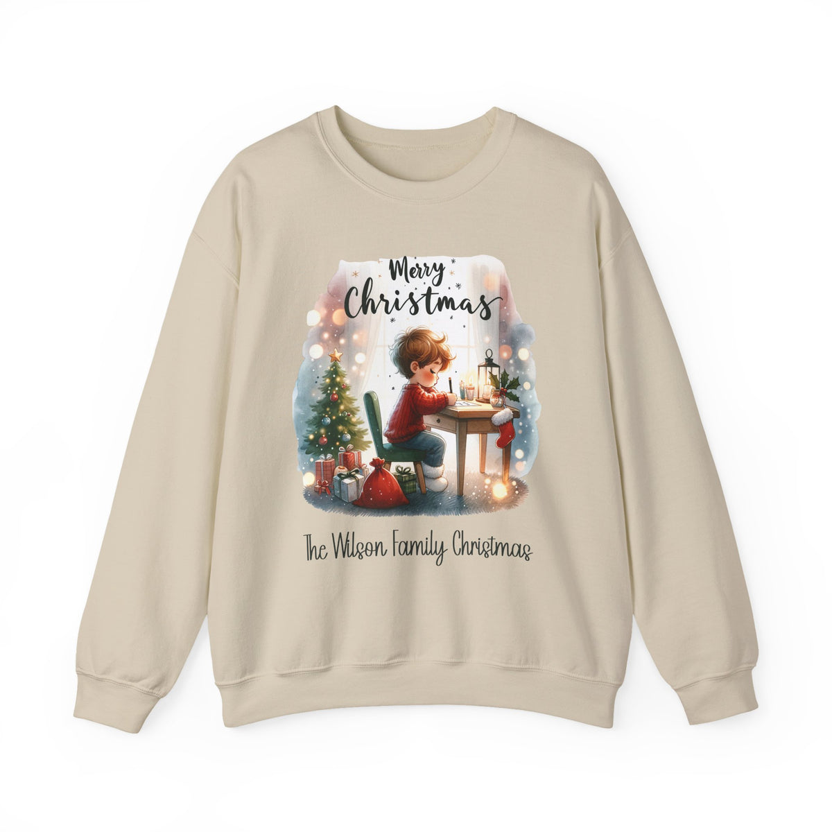Sand personalized Letter to Santa Family Christmas sweatshirt, front view