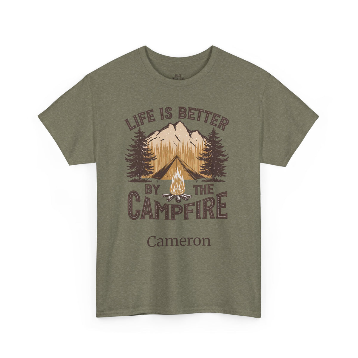 Life Is Better By The Campfire personalized t-shirt with tent design and name on the front