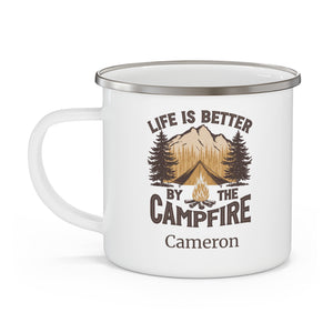 Personalized "Life Is Better by the Campfire" Enamel Mug – Camping Mug for Dad, 12oz