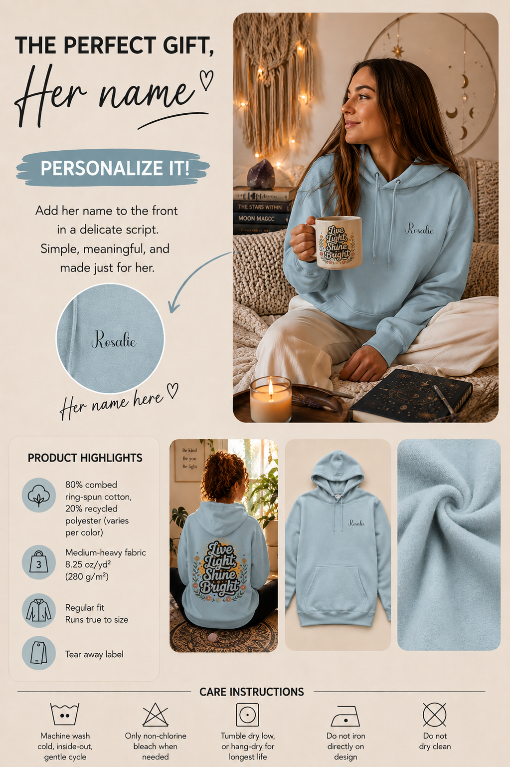 Product information graphic showing personalization placement, fabric details, and care instructions