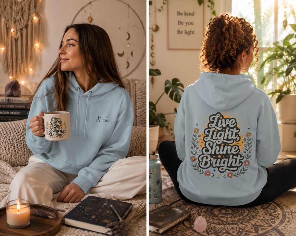 Woman wearing the personalized hoodie, front view with name on the chest and back view showing the design