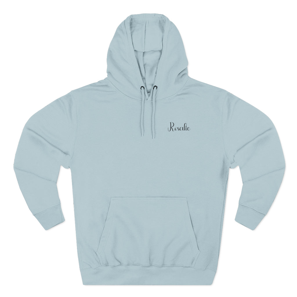 Front view of blue mist hoodie with customizable name embroidered on the chest