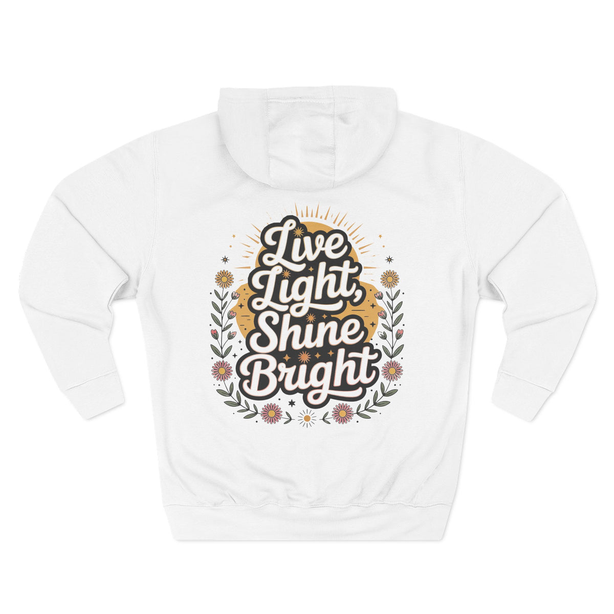 Front view of white hoodie with customizable name embroidered on the chest