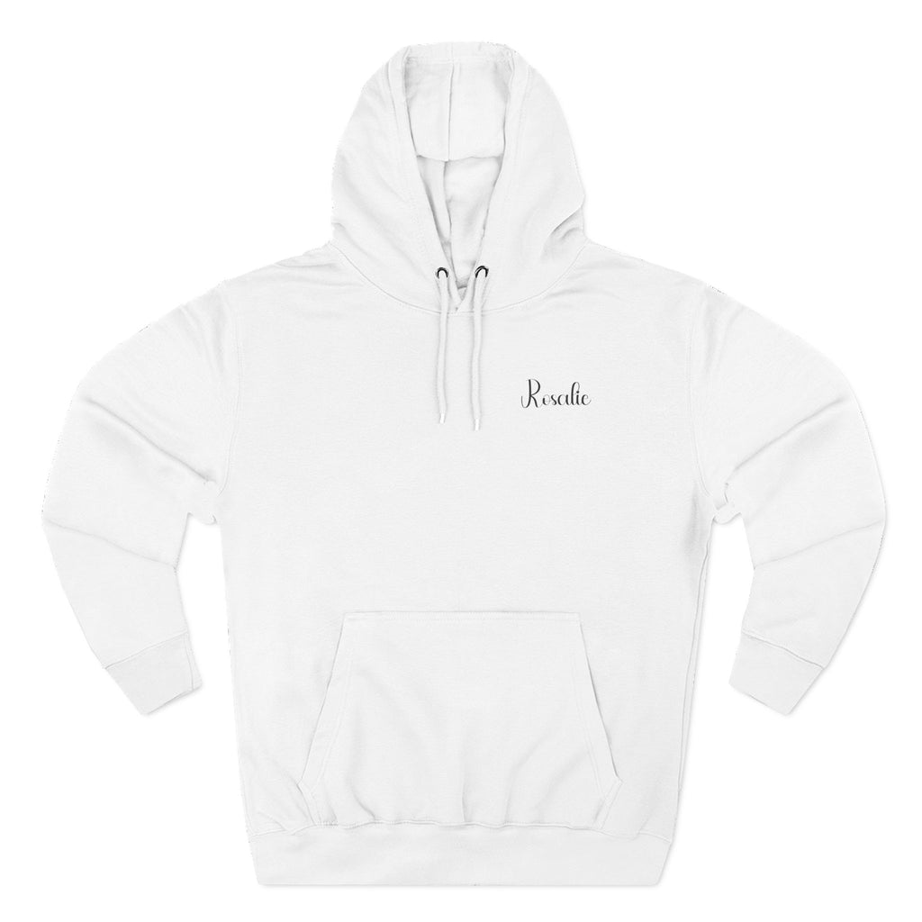 Back view of white hoodie with “Live Light, Shine Bright” design