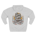 Front view of heather grey hoodie with customizable name embroidered on the chest
