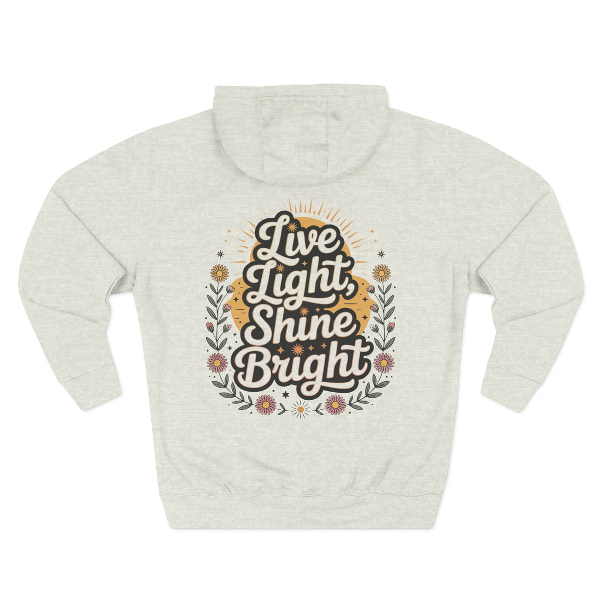 Front view of oatmeal heather hoodie with customizable name embroidered on the chest