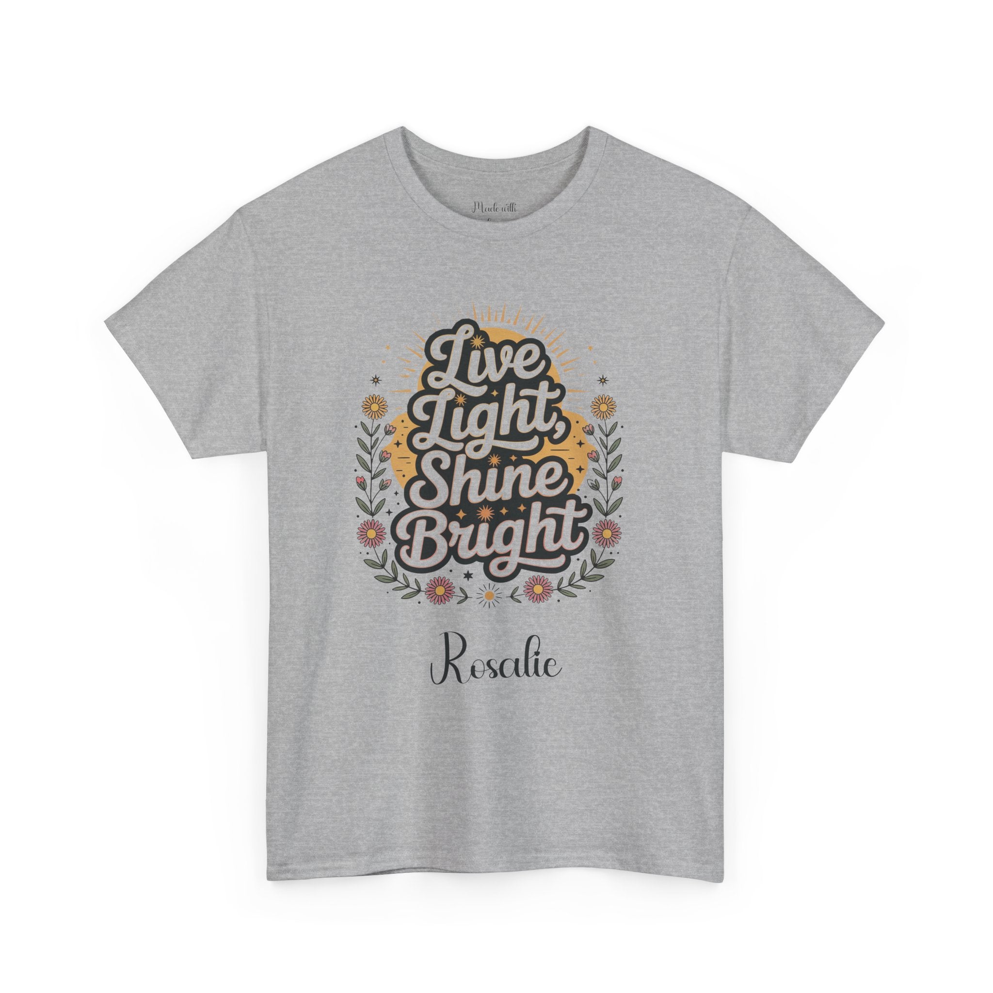 Live Light Shine Bright personalized t-shirt with floral wreath design and name on the front
