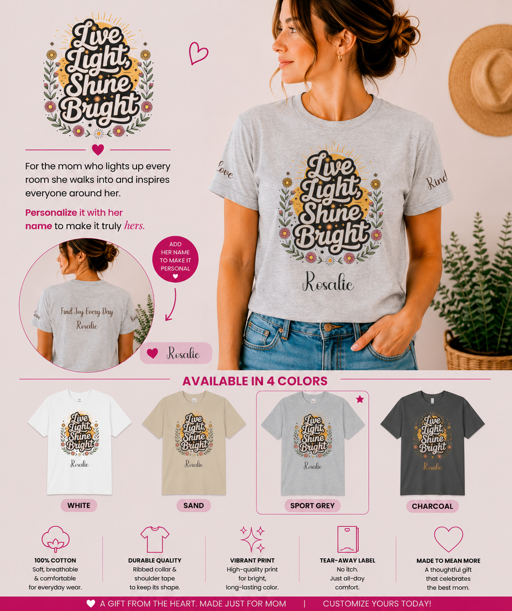 Personalized Live Light Shine Bright T-Shirt – Floral Wreath Tee