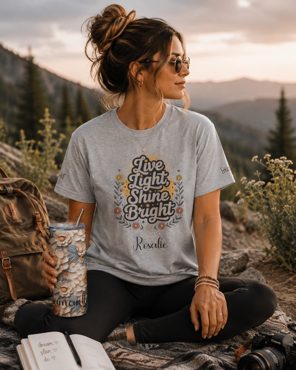Live Light Shine Bright t-shirt shown in a lifestyle setting