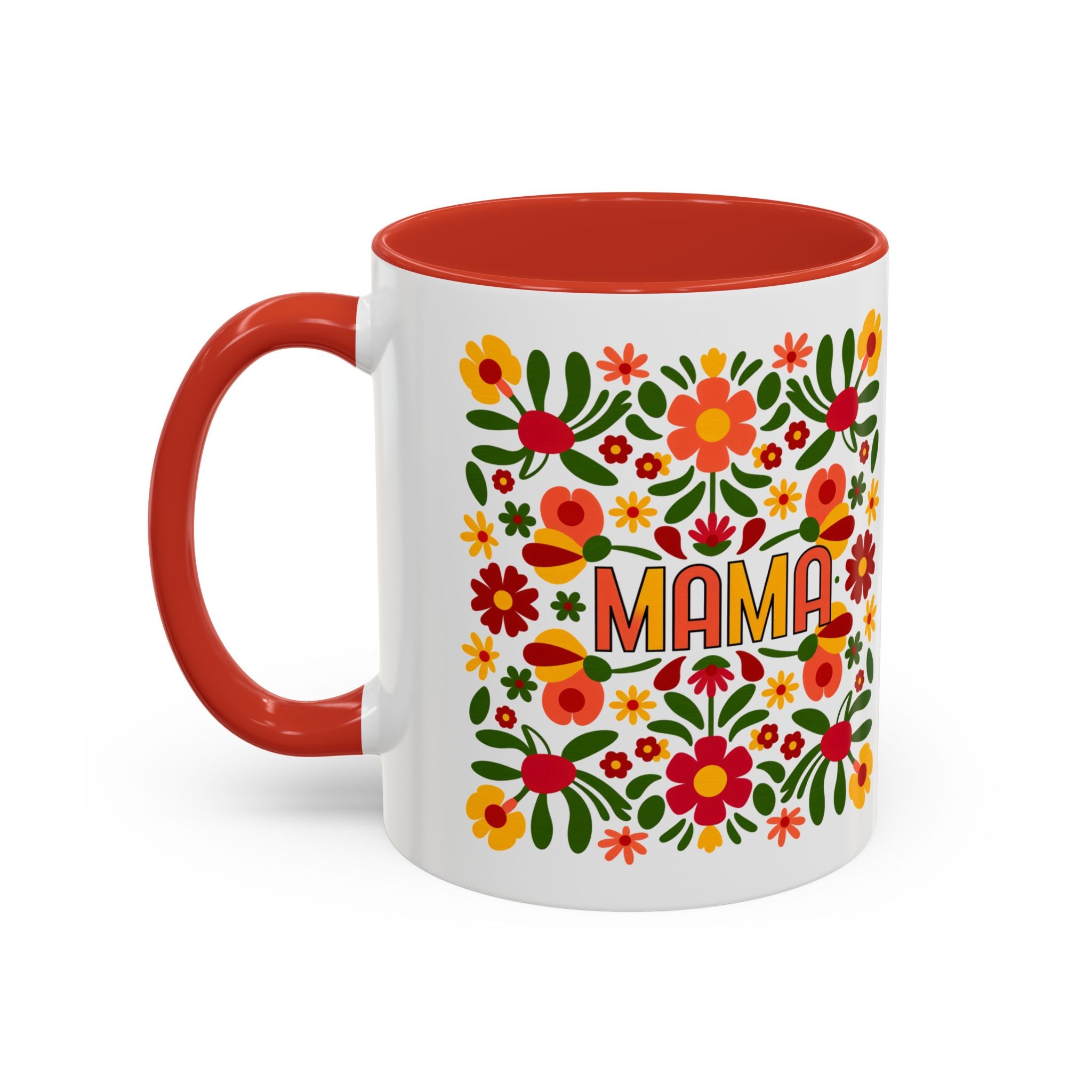 Mama accent mug with a bright folk-art floral pattern