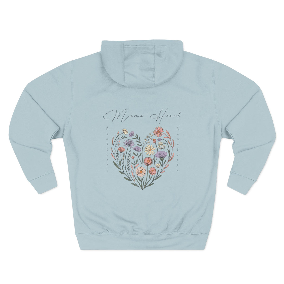 Blue Mist personalized hoodie, back view, with “Mama Heart” design