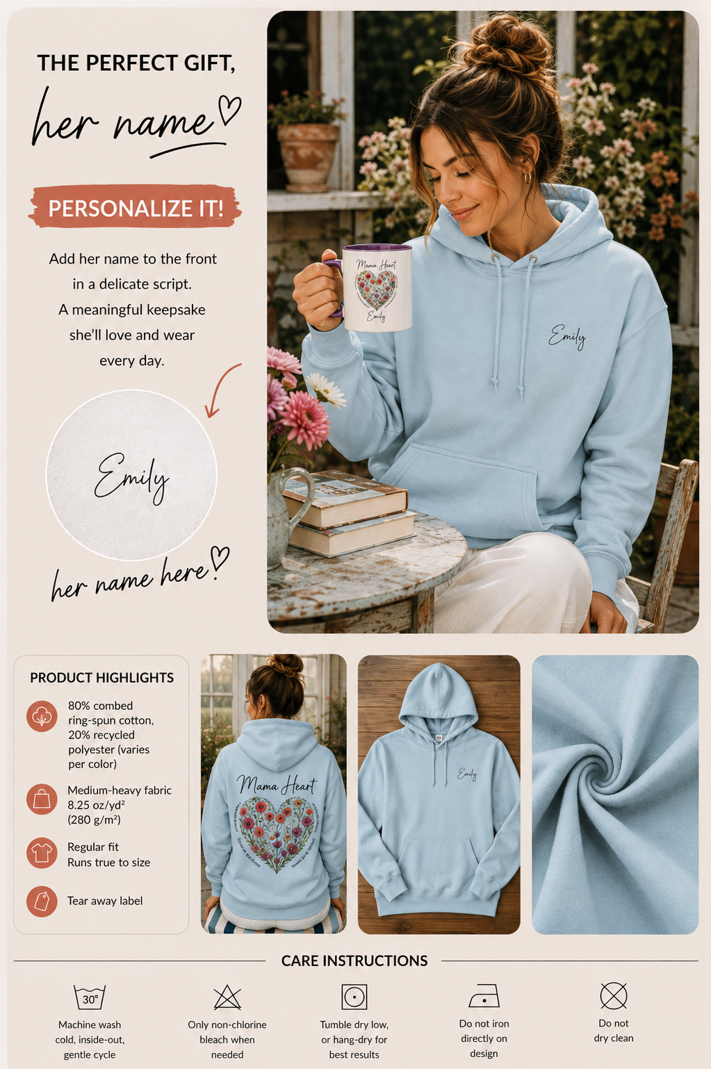 Product information graphic showing personalization placement, fabric details, and care instructions