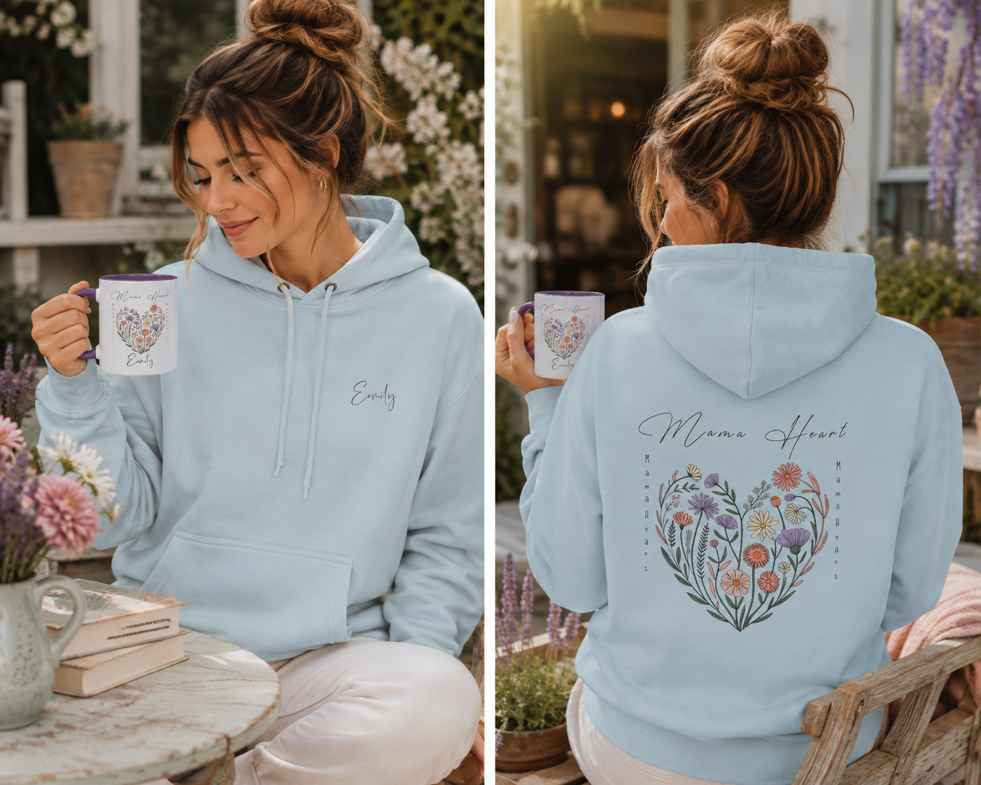 Woman wearing the personalized hoodie, front view with name on the chest and back view showing the design
