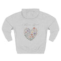 Front view of heather grey hoodie with customizable name embroidered on the chest