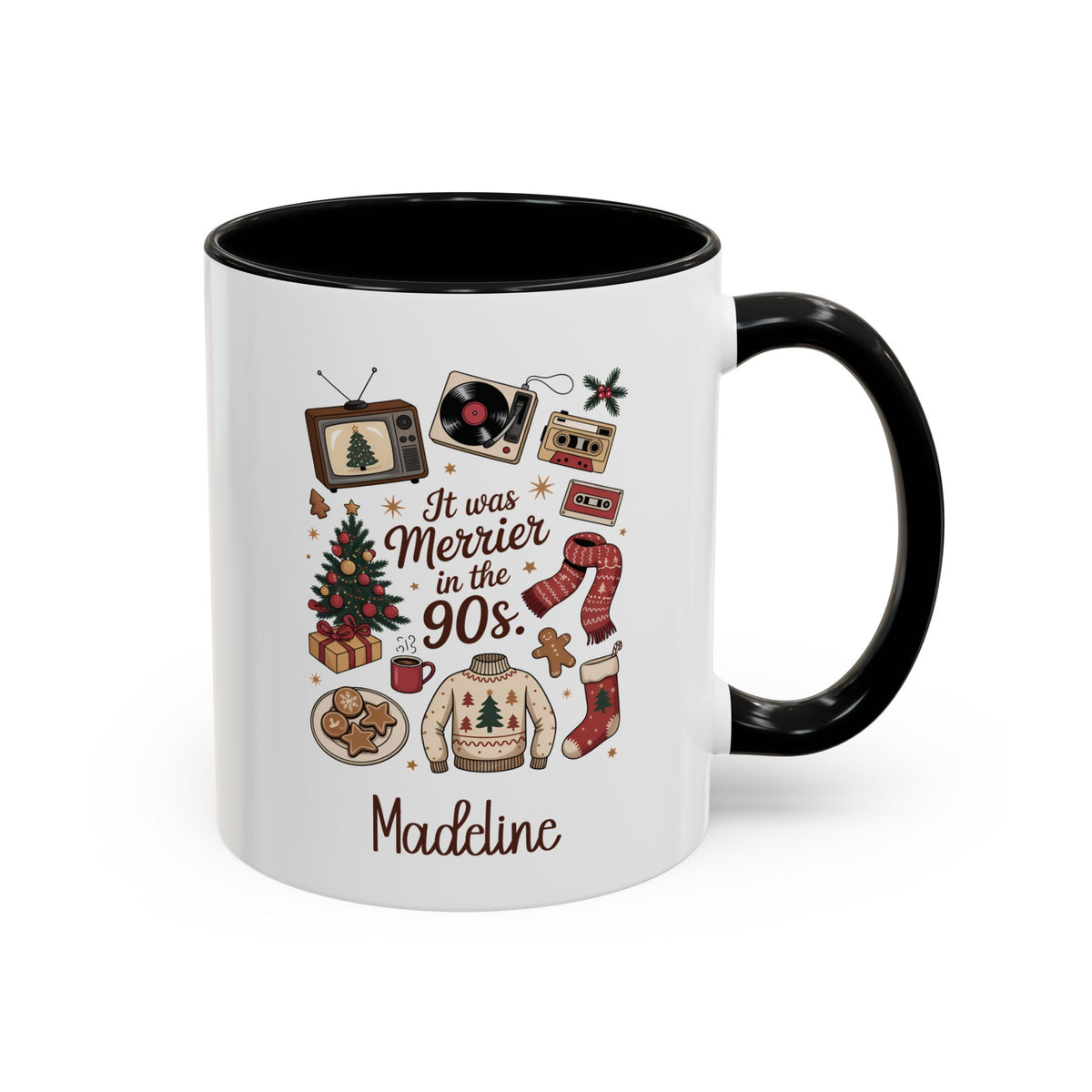 Black personalized Merrier in the 90s mug, 11oz, design side with handle on the right