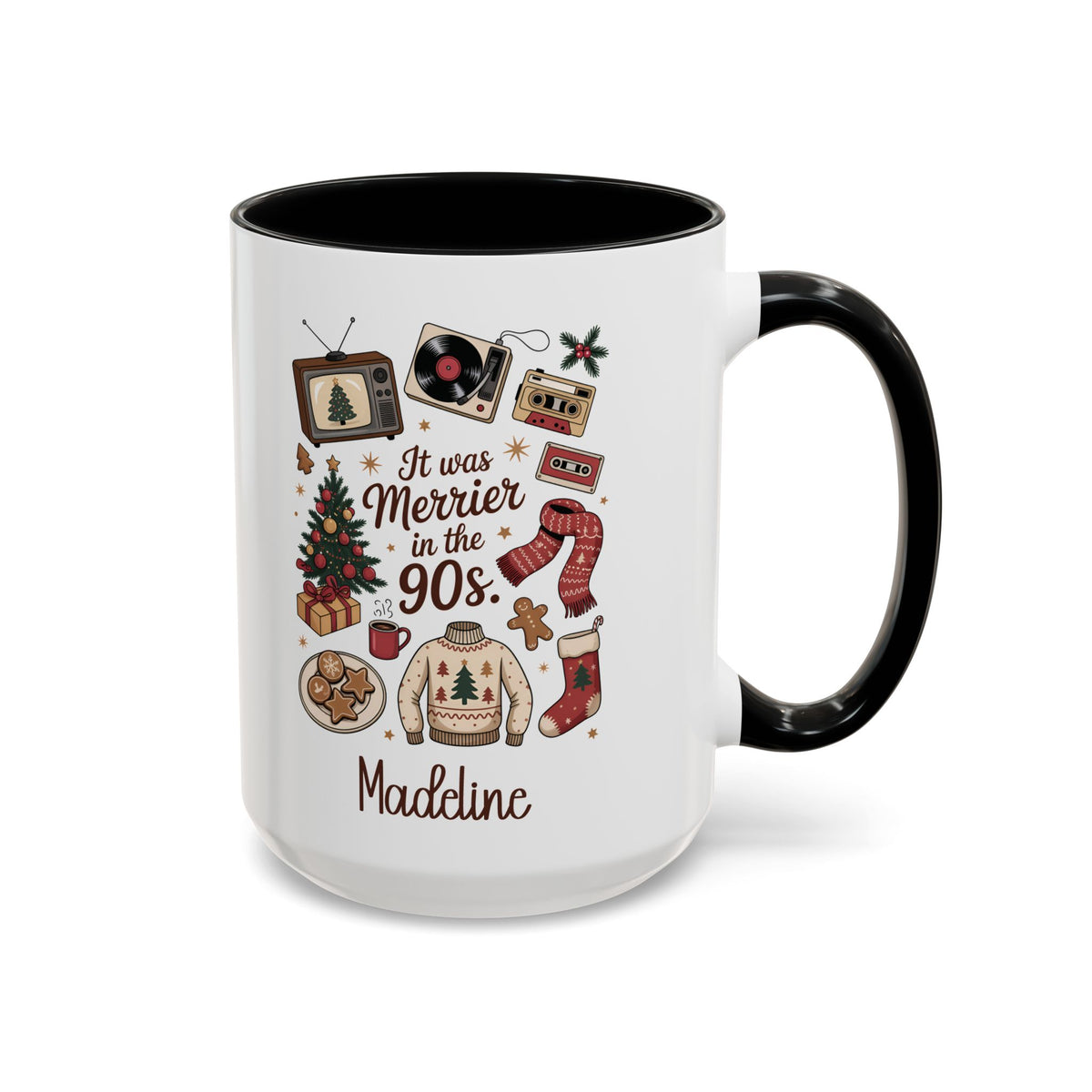 Black personalized Merrier in the 90s mug, 15oz, design side with handle on the right
