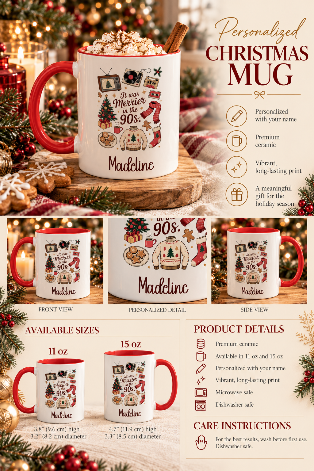 Personalized Merrier in the 90s mug infographic with sizes, features and care instructions