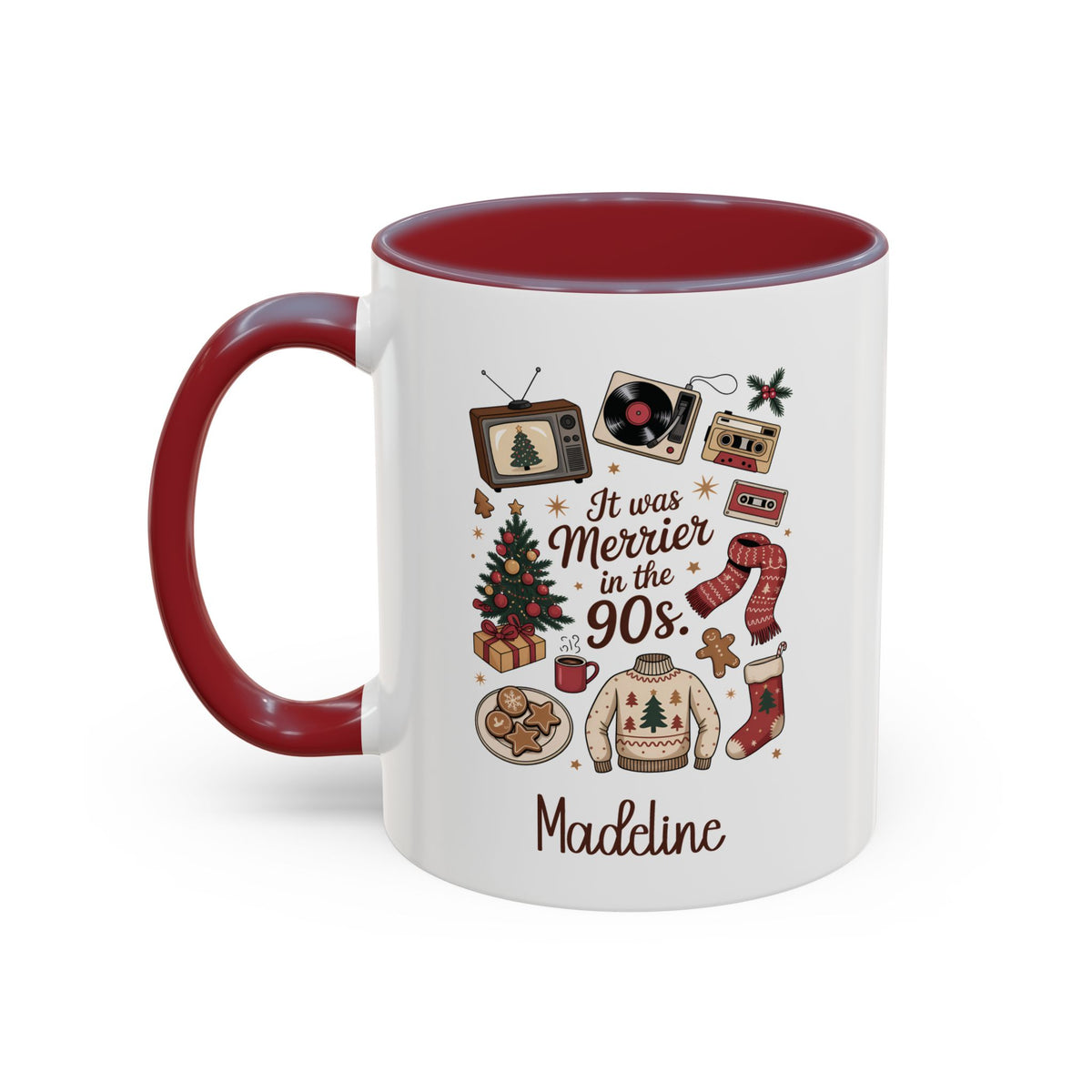 Maroon personalized Merrier in the 90s mug, 11oz, design side with handle on the left