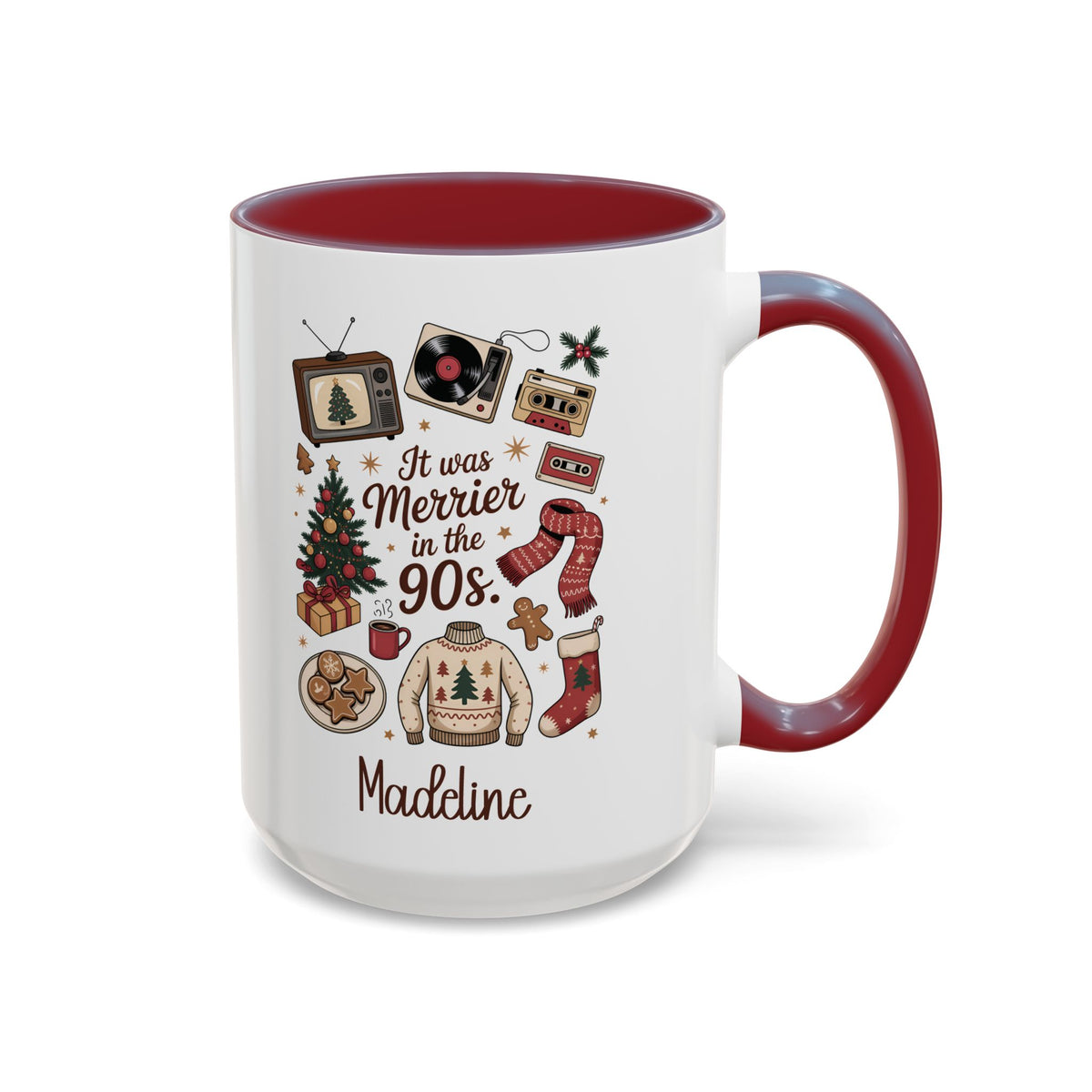 Maroon personalized Merrier in the 90s mug, 15oz, design side with handle on the right