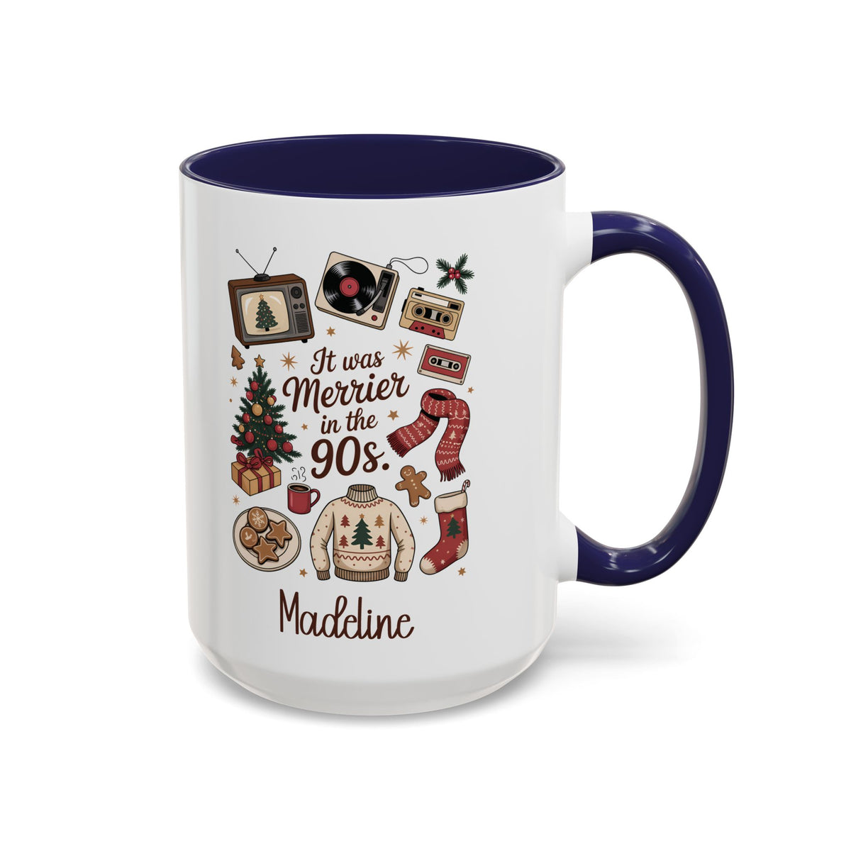 Navy personalized Merrier in the 90s mug, 15oz, design side with handle on the right