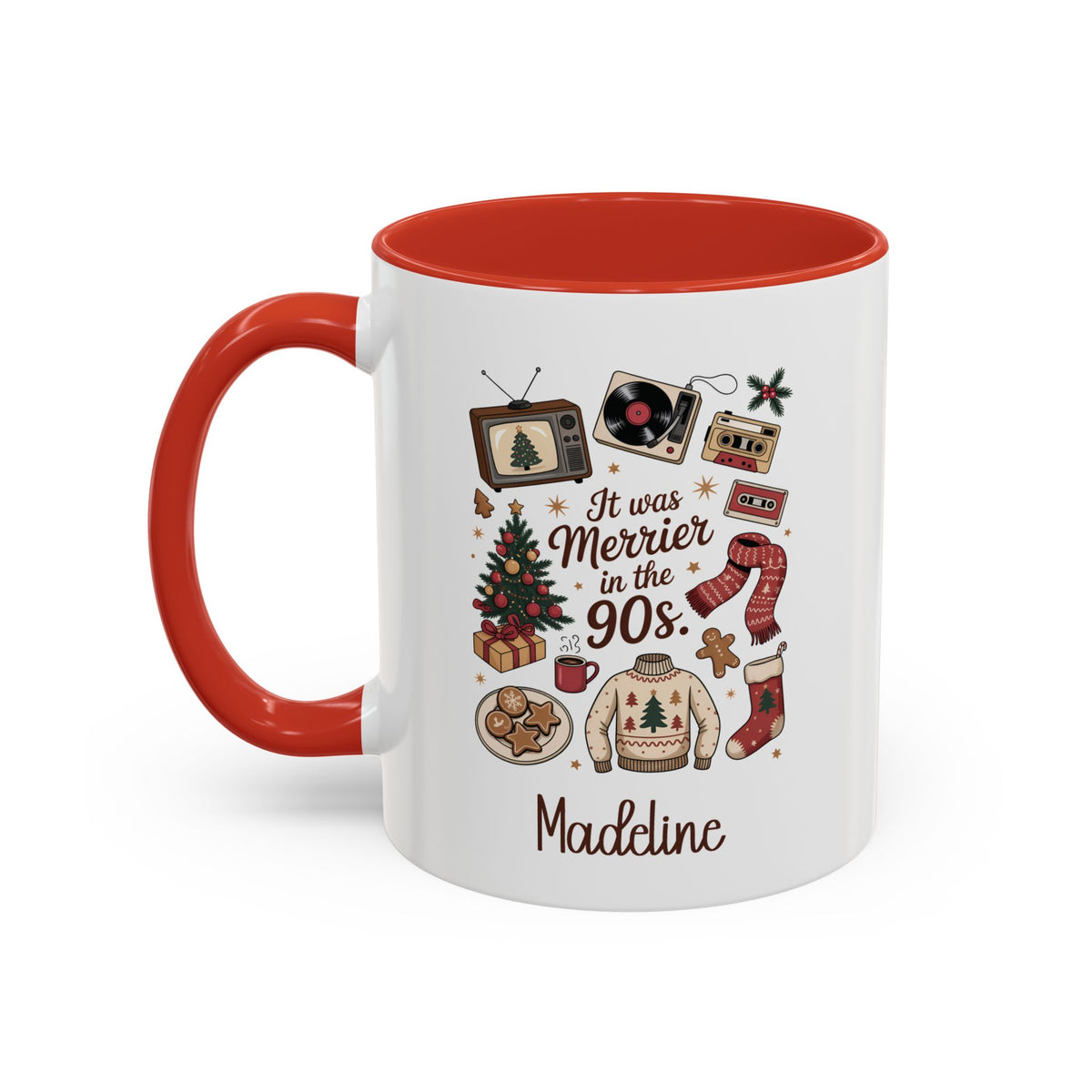Red personalized Merrier in the 90s mug, 11oz, design side with handle on the left