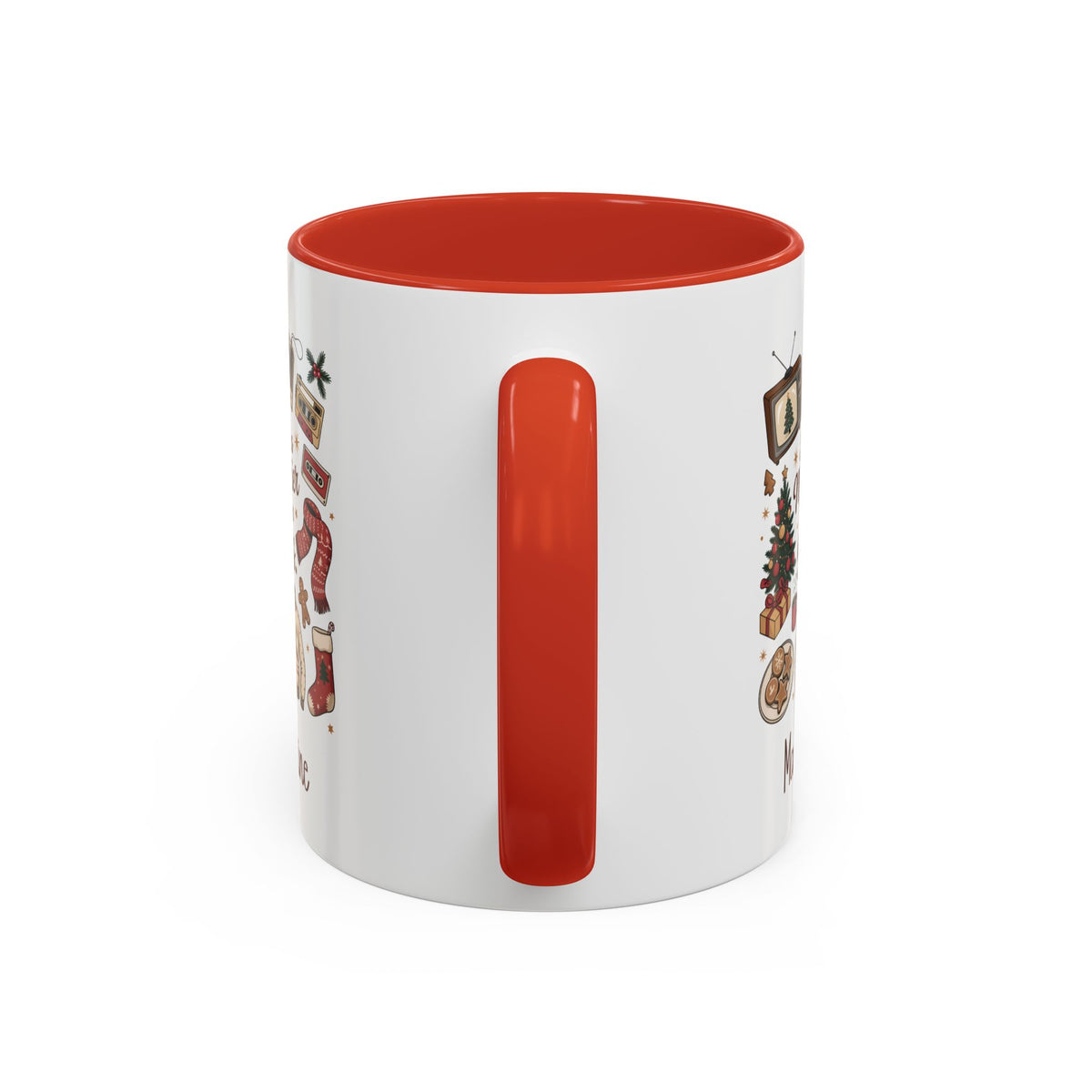 Red personalized Merrier in the 90s mug, 11oz, handle view
