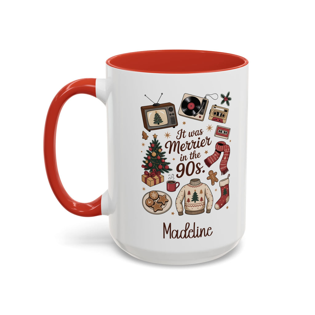 Red personalized Merrier in the 90s mug, 15oz, design side with handle on the left