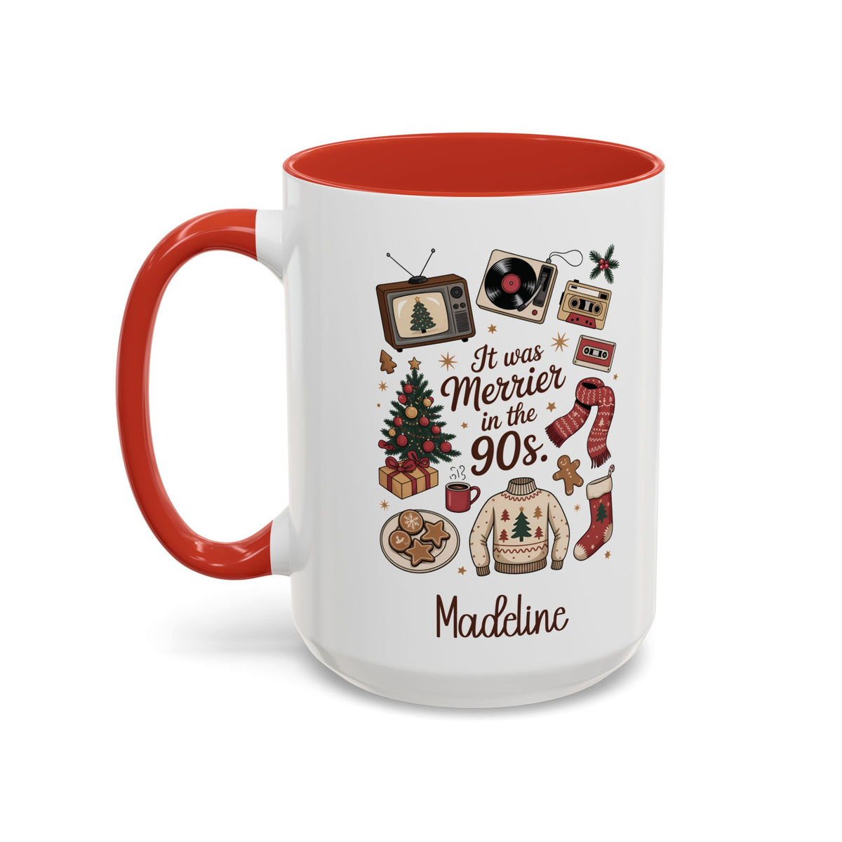 Red personalized Merrier in the 90s mug, 15oz, design side with handle on the left