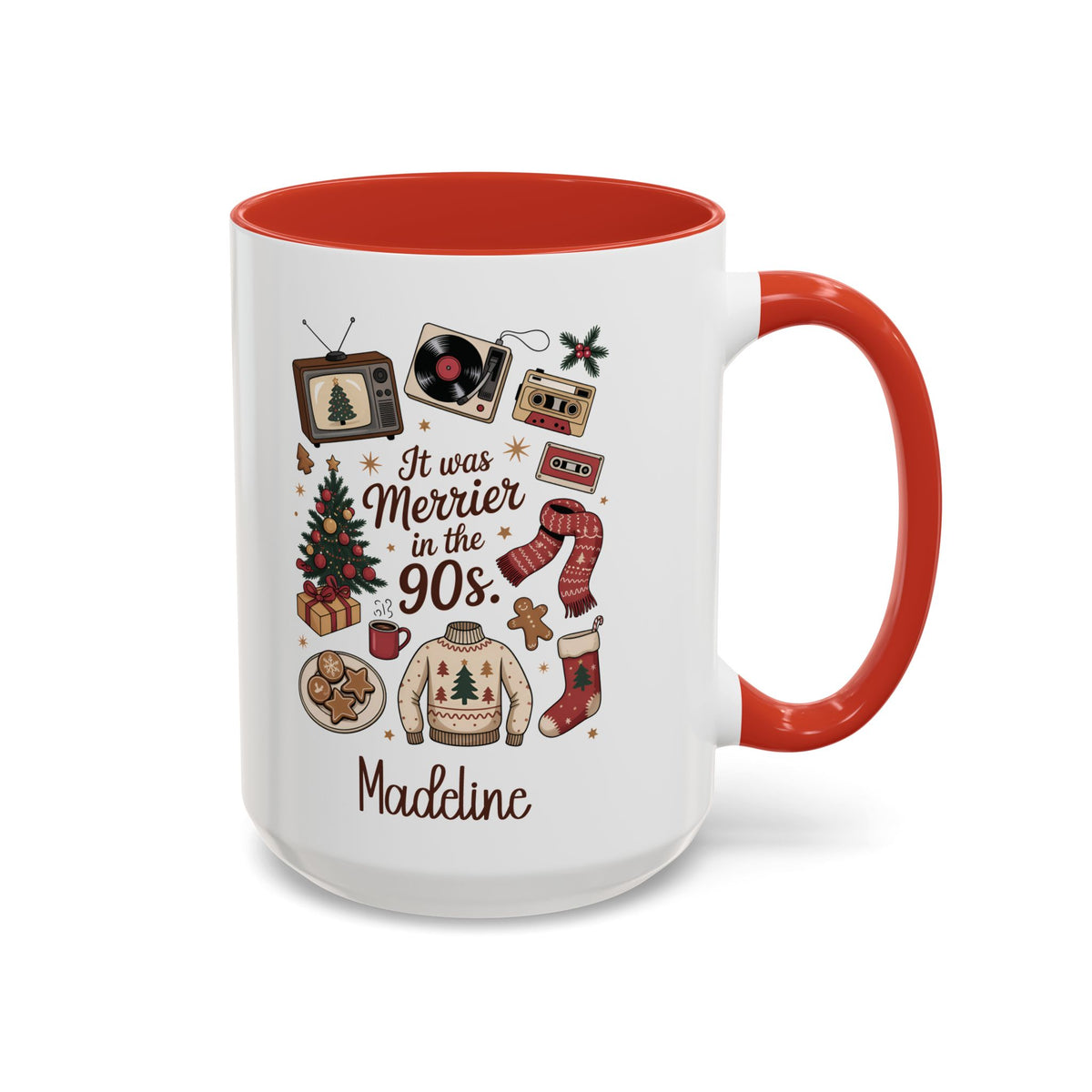Red personalized Merrier in the 90s mug, 15oz, design side with handle on the right