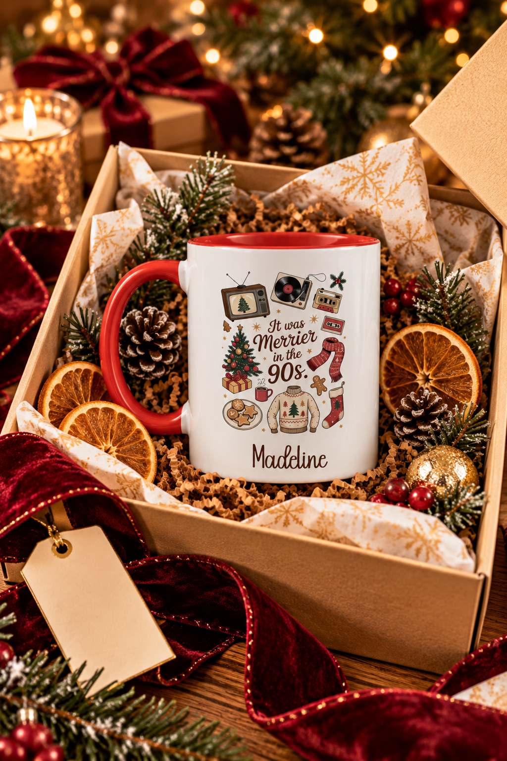 Red personalized Merrier in the 90s mug in a Christmas gift box, lifestyle photo