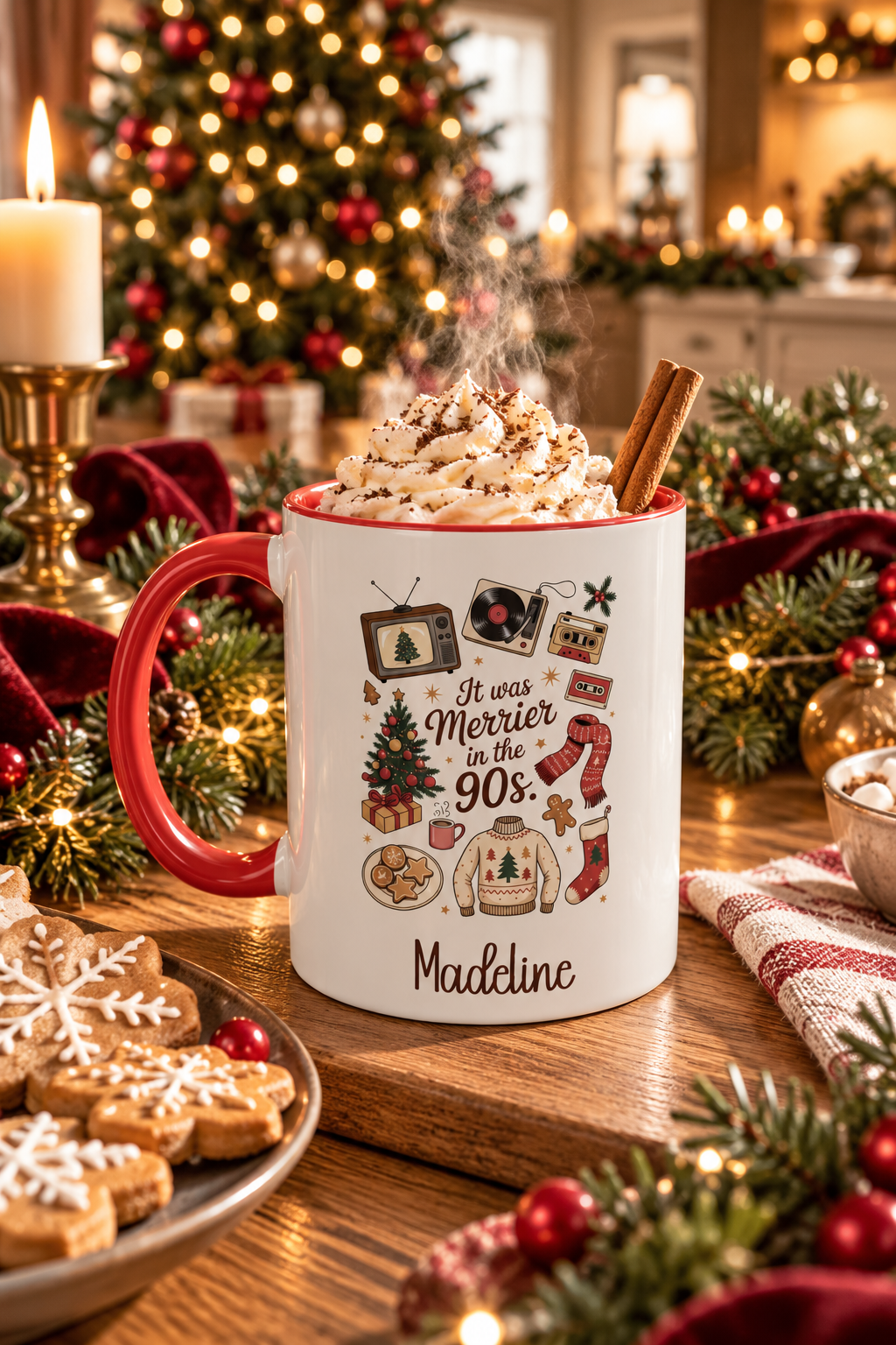 Red personalized Merrier in the 90s mug with hot cocoa and Christmas treats, lifestyle photo