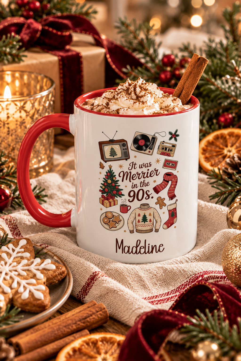 Red personalized Merrier in the 90s mug with hot cocoa by the Christmas tree, lifestyle photo