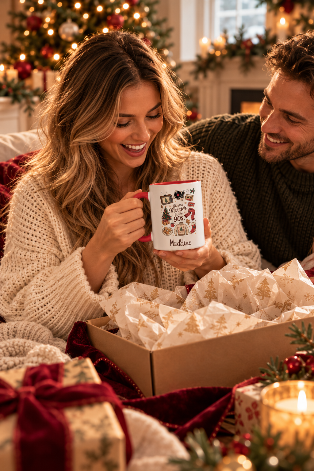 Red personalized Merrier in the 90s mug being unwrapped as a Christmas gift, lifestyle photo