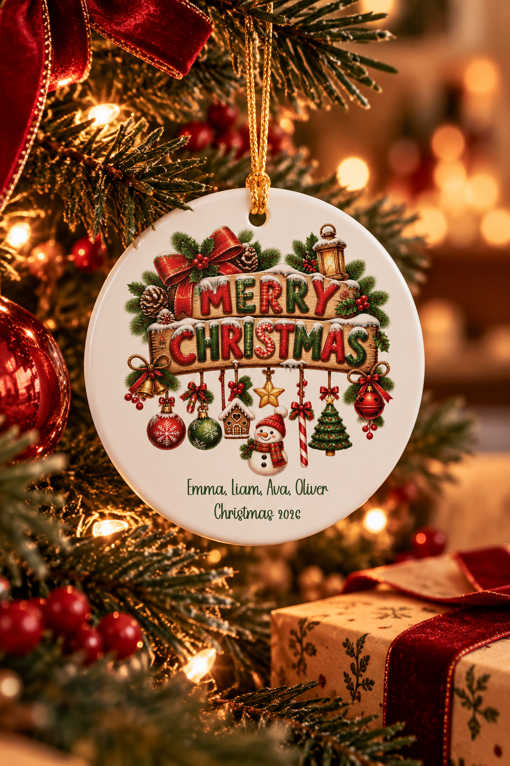 Personalized Merry Christmas Family ornament on a decorated Christmas tree with red ribbon and warm lights, lifestyle photo