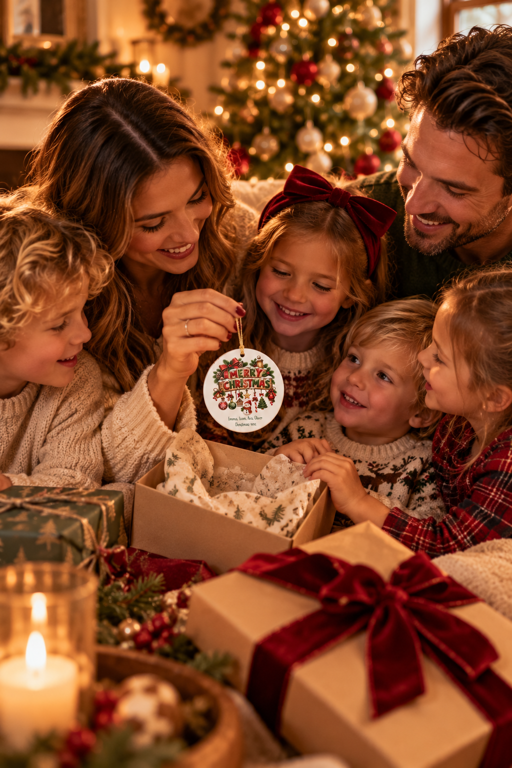 Family with young children gathered around the Merry Christmas family ornament