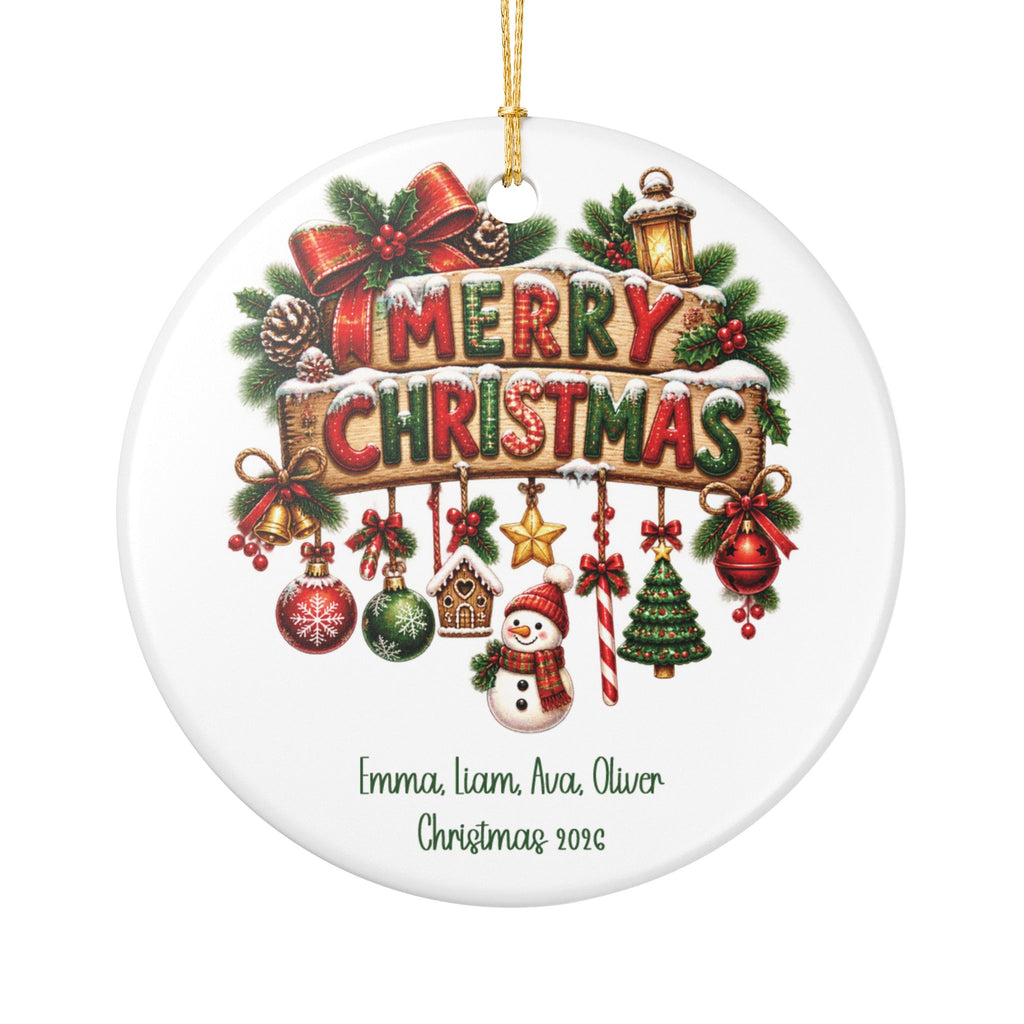 Personalized Merry Christmas Family ornament with a festive "Merry Christmas" sign and hanging holiday decorations, front view