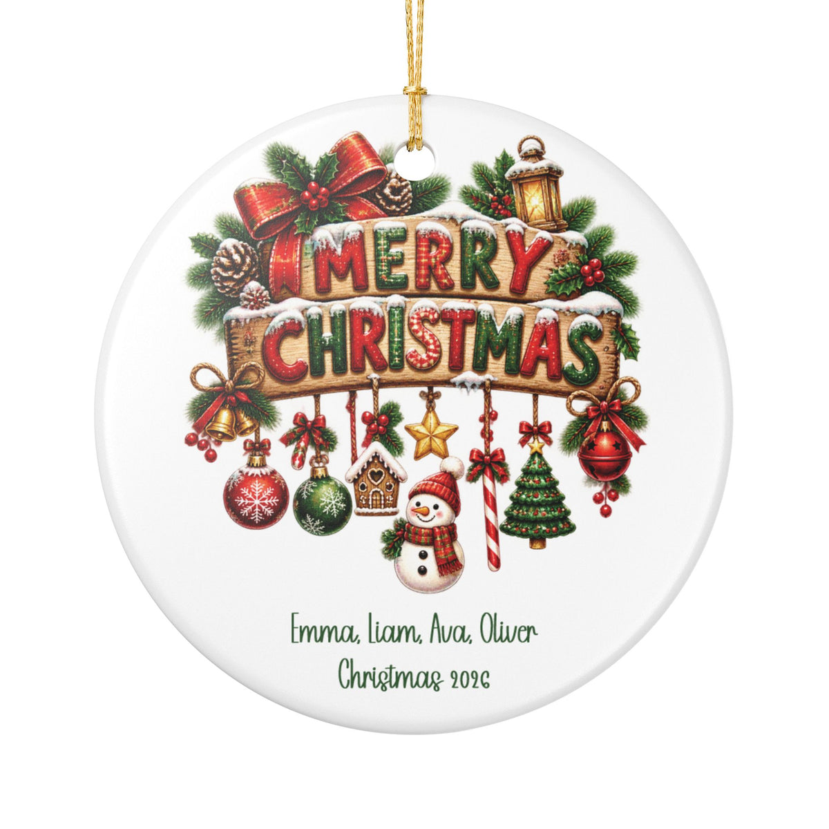 Personalized Merry Christmas Family ornament with a festive "Merry Christmas" sign and hanging holiday decorations, front view