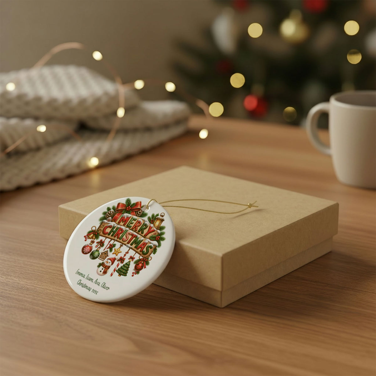 Personalized family names Christmas ornament resting on a kraft gift box beside a mug and knit throw
