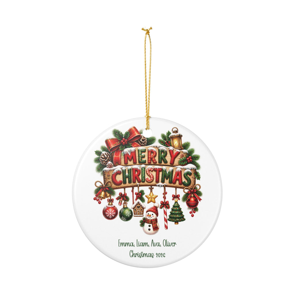 Personalized Merry Christmas Family ornament hanging from its gold string