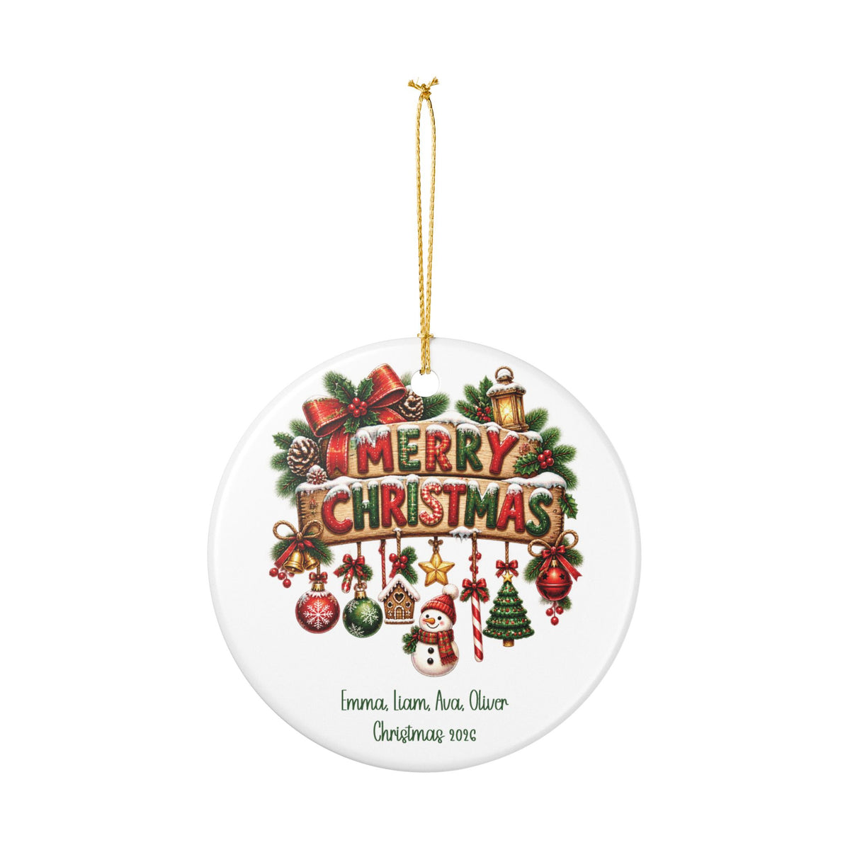 Personalized Merry Christmas Family ornament hanging from its gold string