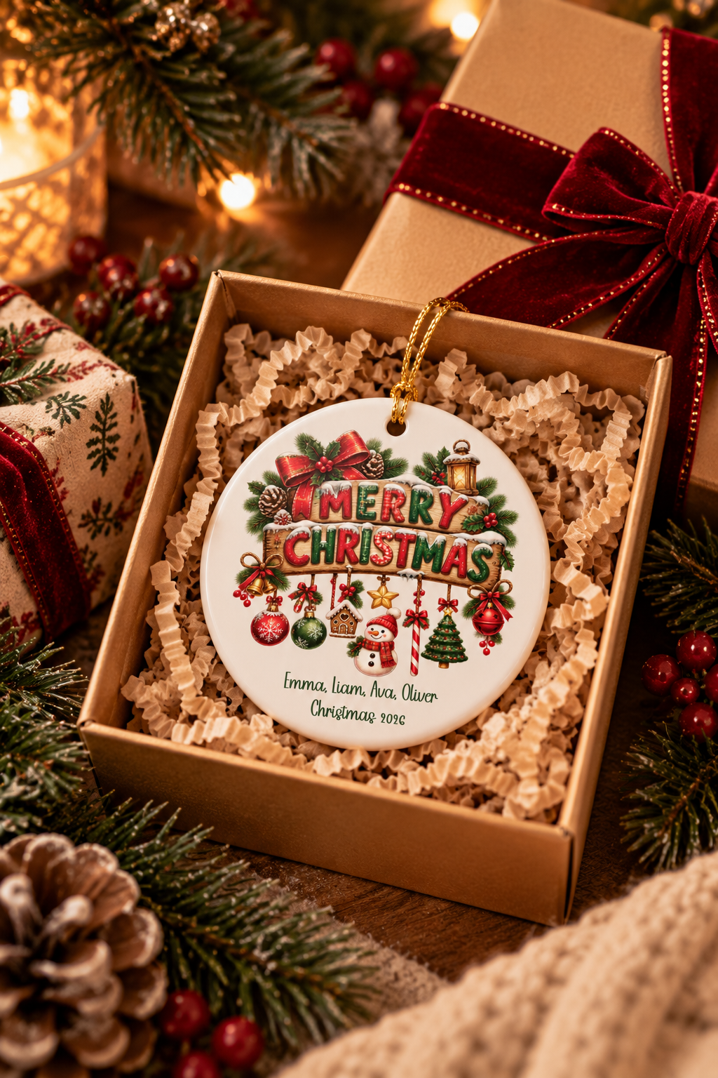 Merry Christmas Family ornament nestled in a kraft gift box with crinkle paper, ready to give