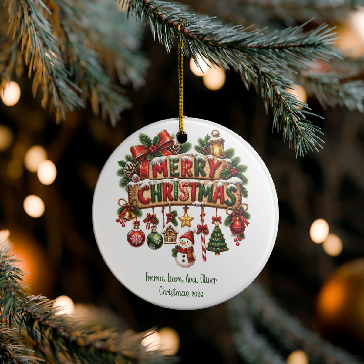 Custom family names Christmas ornament on pine branches with twinkling Christmas lights