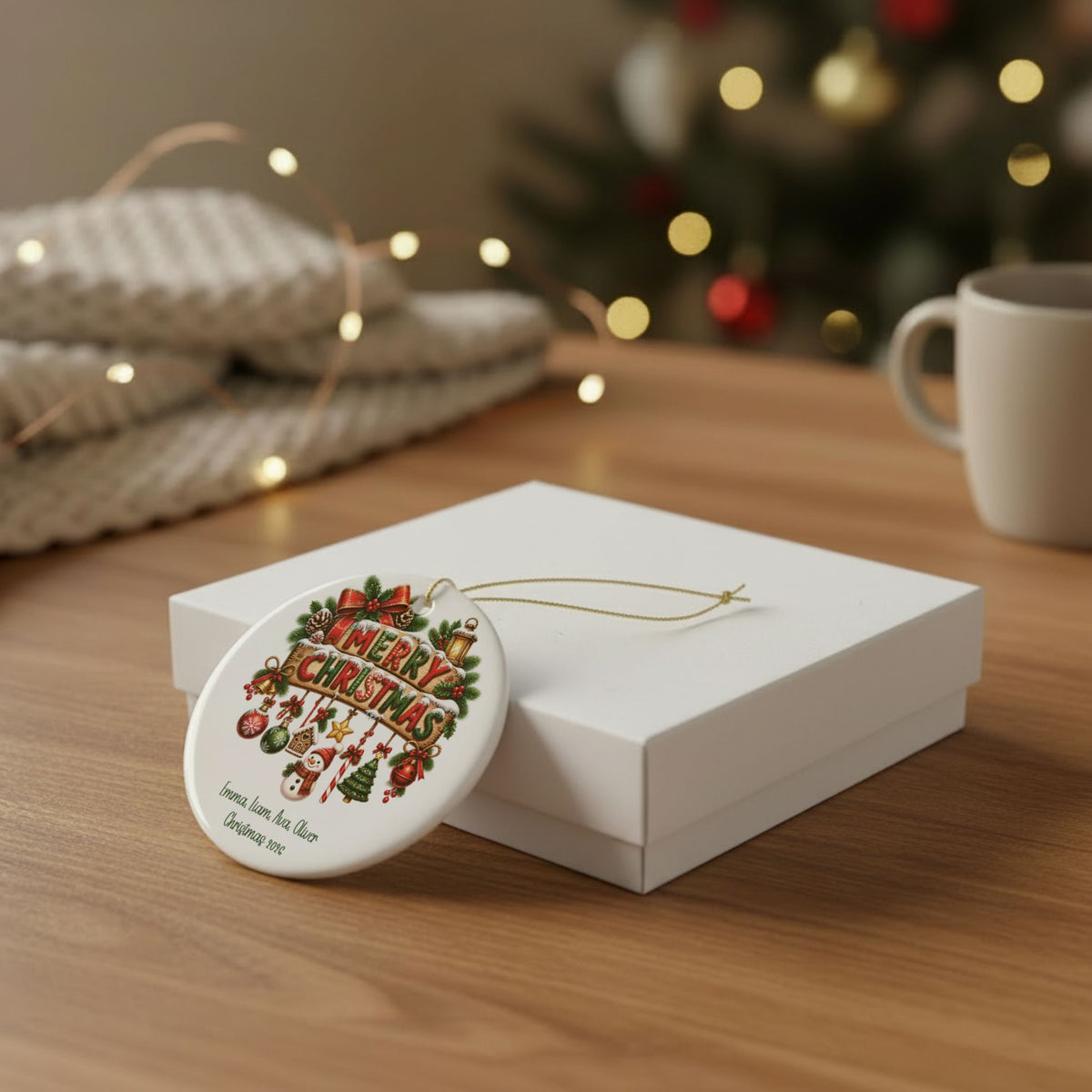 Merry Christmas Family ornament leaning against a white gift box on a wooden table