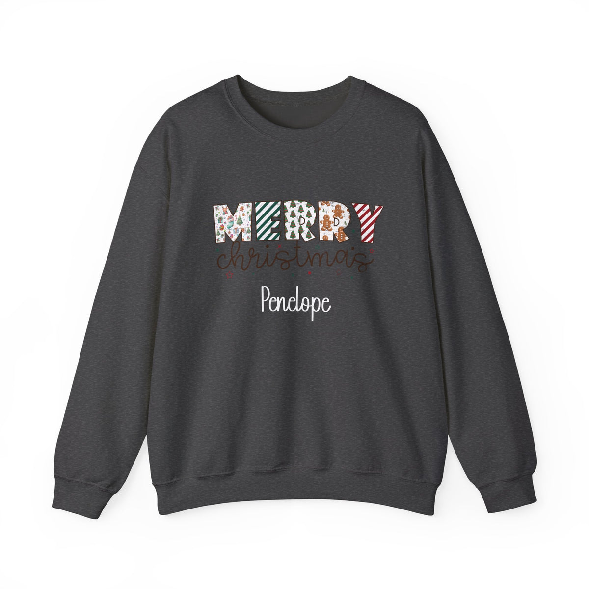 Dark Heather personalized Merry Christmas sweatshirt, front view
