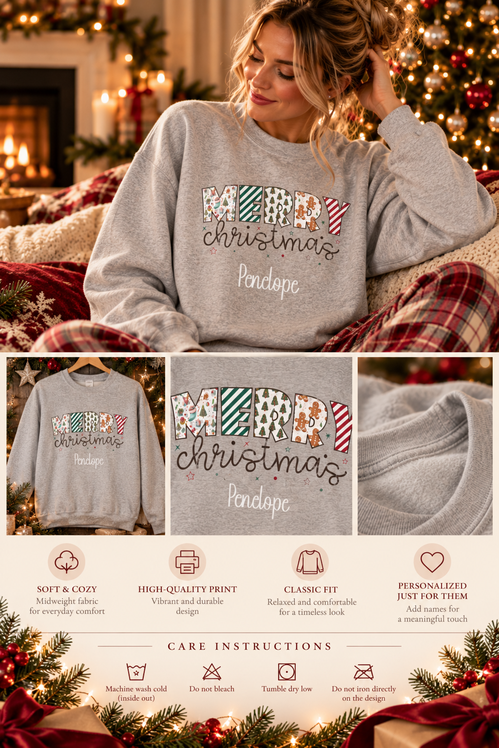 Personalized Merry Christmas sweatshirt infographic with features, gift details and care instructions