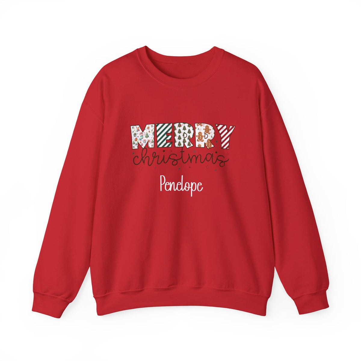 Red personalized Merry Christmas sweatshirt, front view