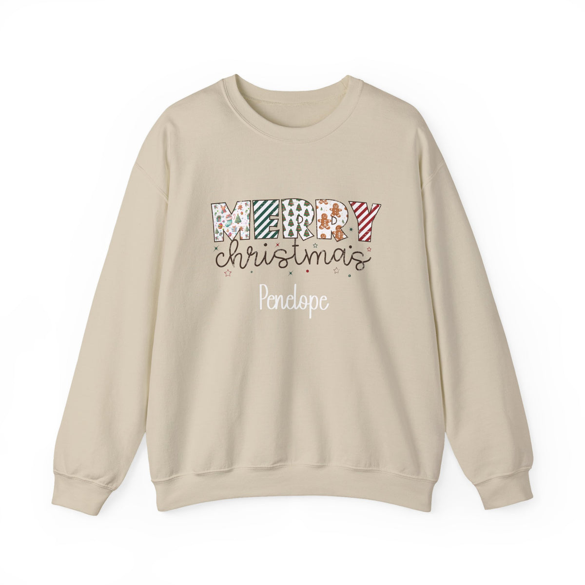 Sand personalized Merry Christmas sweatshirt, front view