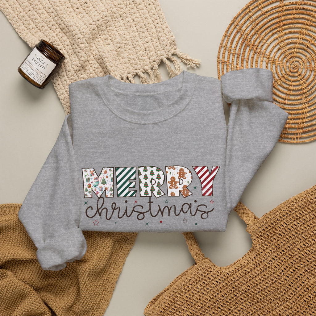 Sport Grey personalized Merry Christmas sweatshirt, flat lay with cozy knit blanket