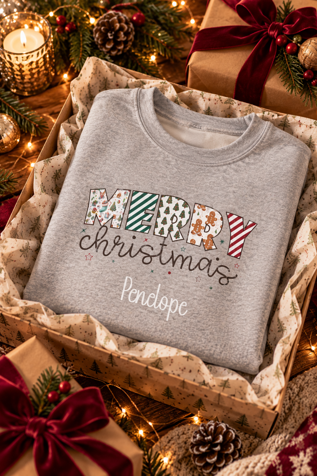 Sport Grey personalized Merry Christmas sweatshirt, in a Christmas gift box, lifestyle photo