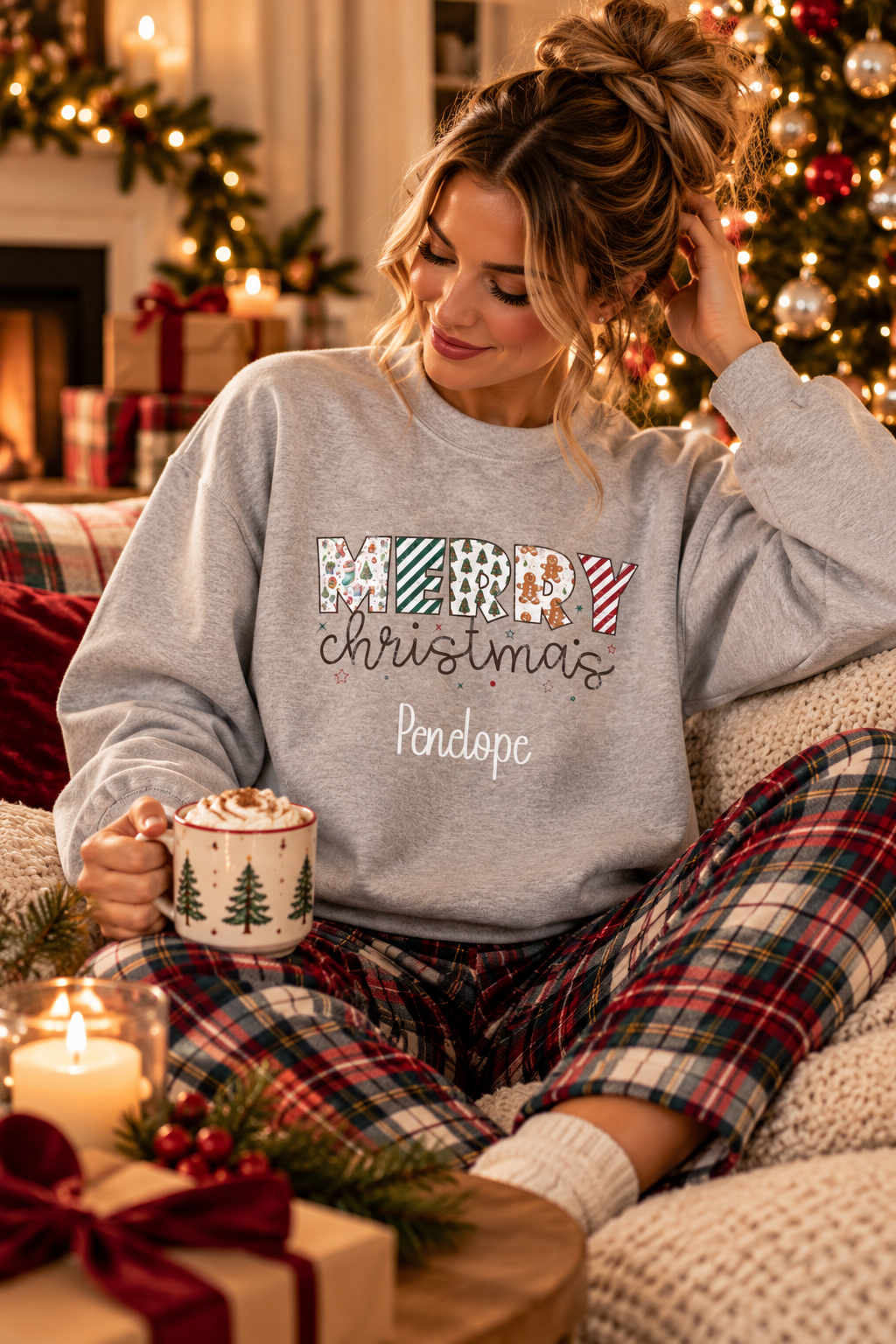 Sport Grey personalized Merry Christmas sweatshirt, lifestyle photo by the Christmas tree
